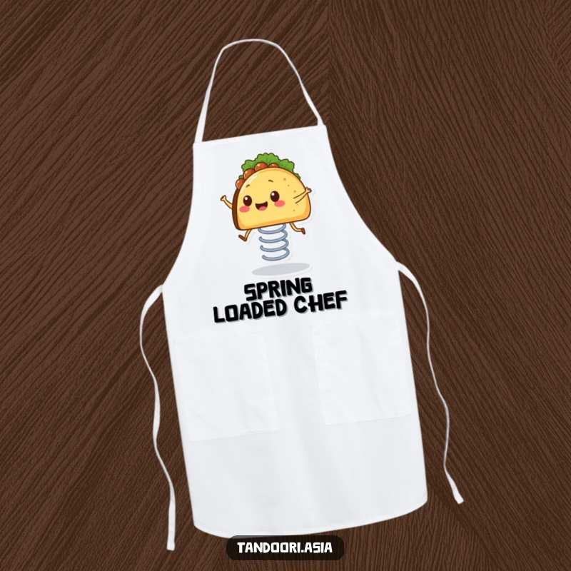 Funny Bouncing Taco Apron showing a smiling taco with tiny legs happily bouncing on a spring, perfect for kitchen fun.