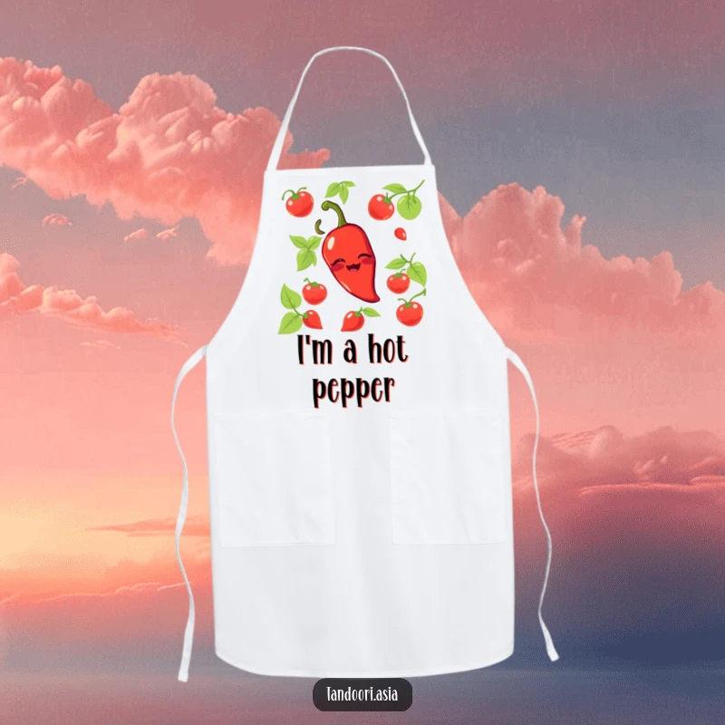 Funny Chili Pepper Apron showing a grinning red pepper playfully winking, a humorous and practical kitchen essential.
