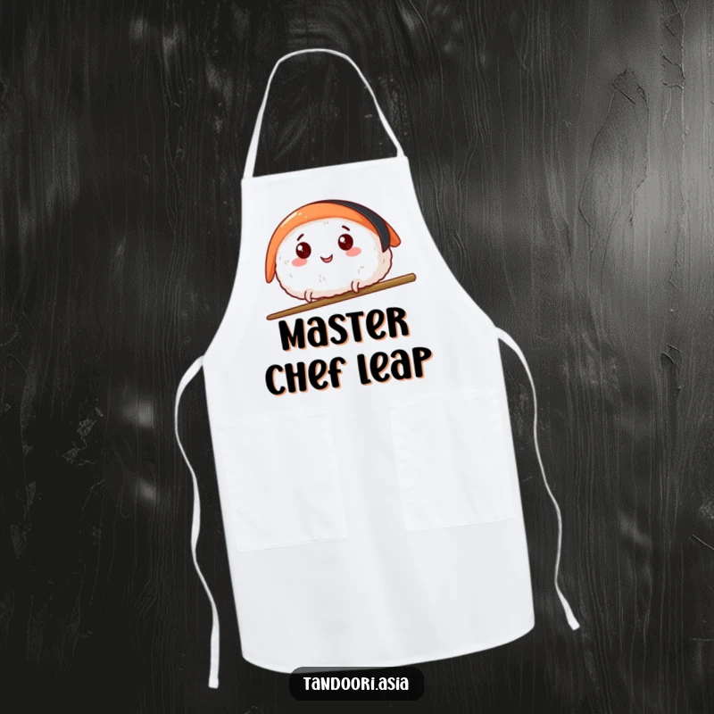 Funny Sushi Leap Apron showing a happy sushi piece with tiny legs leaping over a chopstick, perfect for kitchen fun.