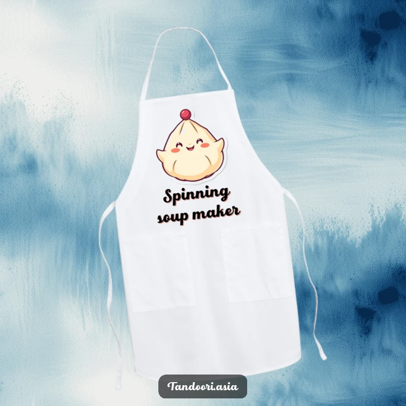 Funny Spinning Dumpling Apron showing a cheerful dumpling with a smiling face spinning around like a top, perfect for kitchen fun.