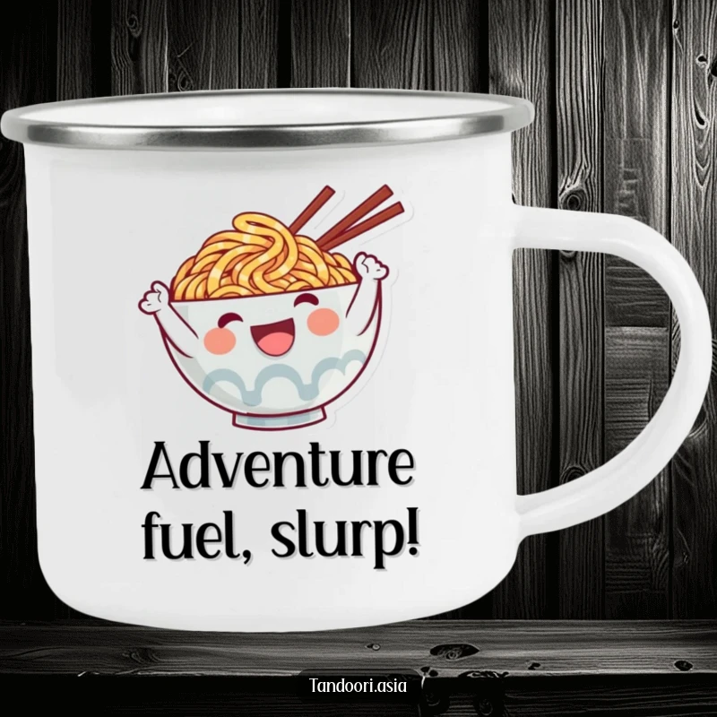 Funny Ramen Camping Mug with a cute, smiling noodle character waving, perfect for rugged, humorous enjoyment outdoors.