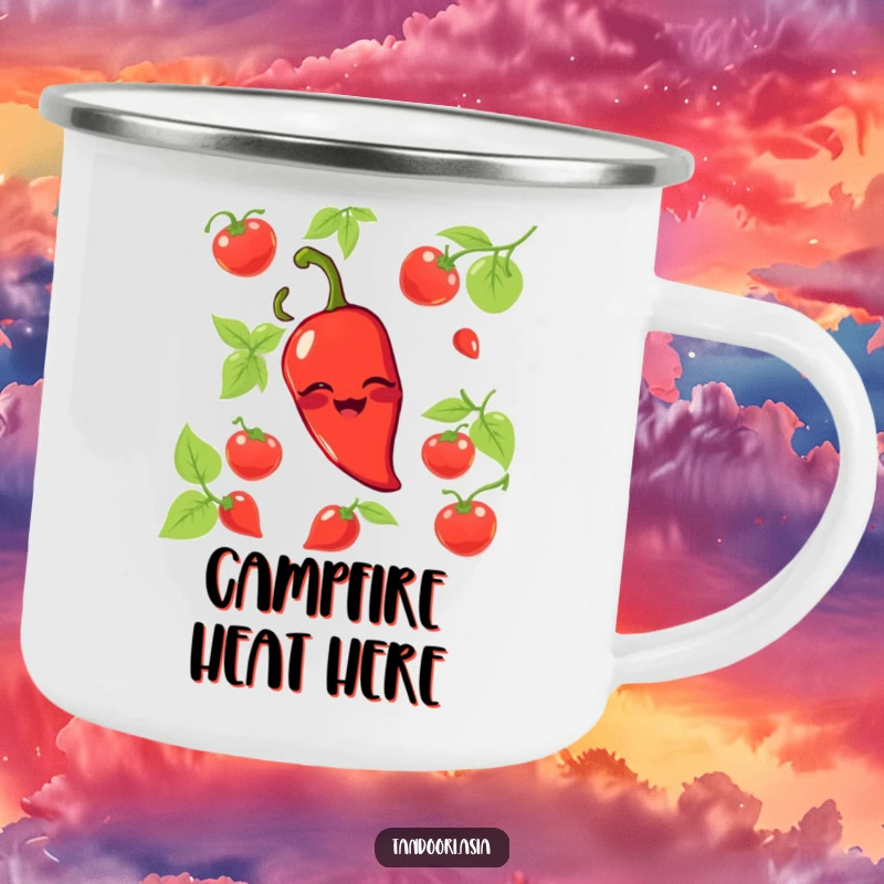 Funny Chili Pepper Camping Mug with a grinning red pepper playfully winking, perfect for rugged, spicy enjoyment outdoors.