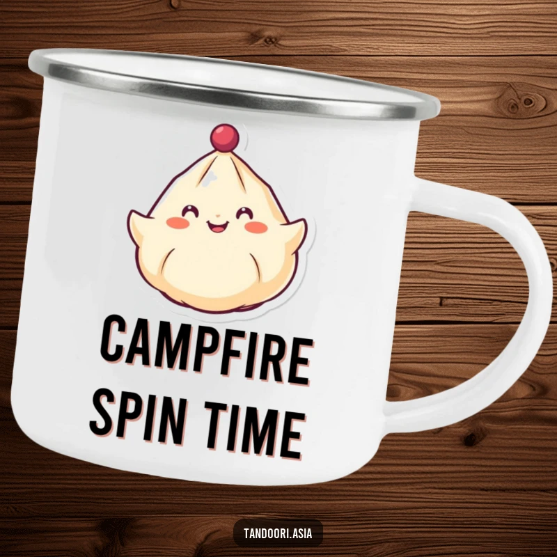 Funny Spinning Dumpling Camping Mug with a cheerful dumpling with a smiling face spinning around like a top, durable and fun.