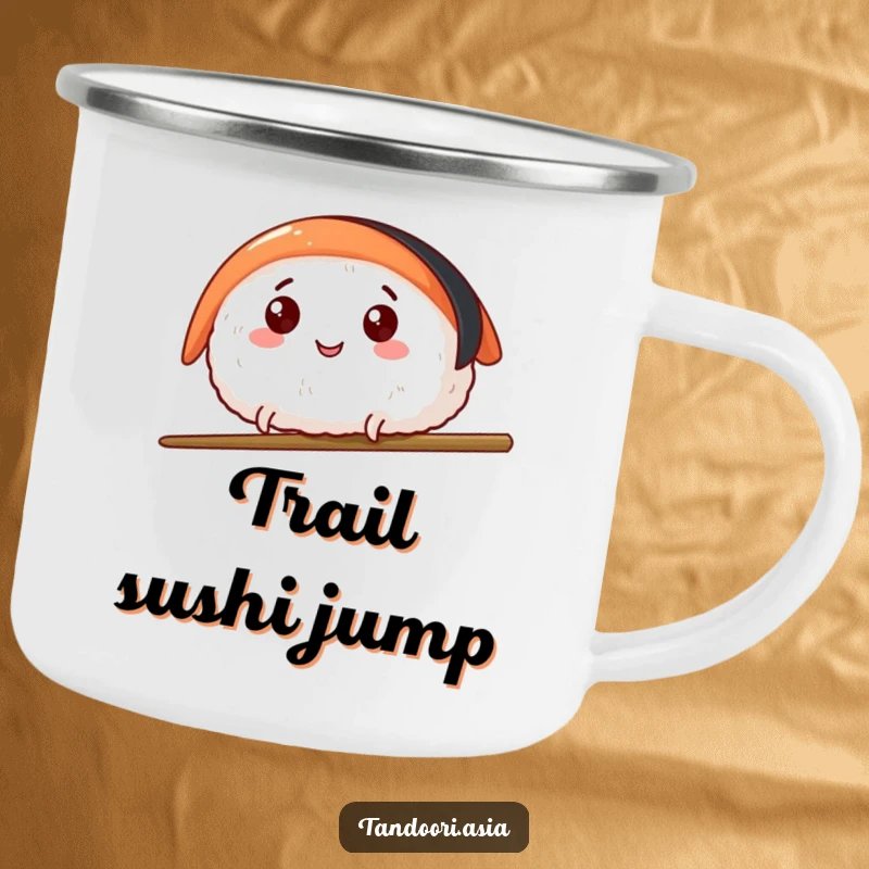 Funny Sushi Leap Camping Mug with a happy sushi piece with tiny legs leaping over a chopstick, durable and fun.