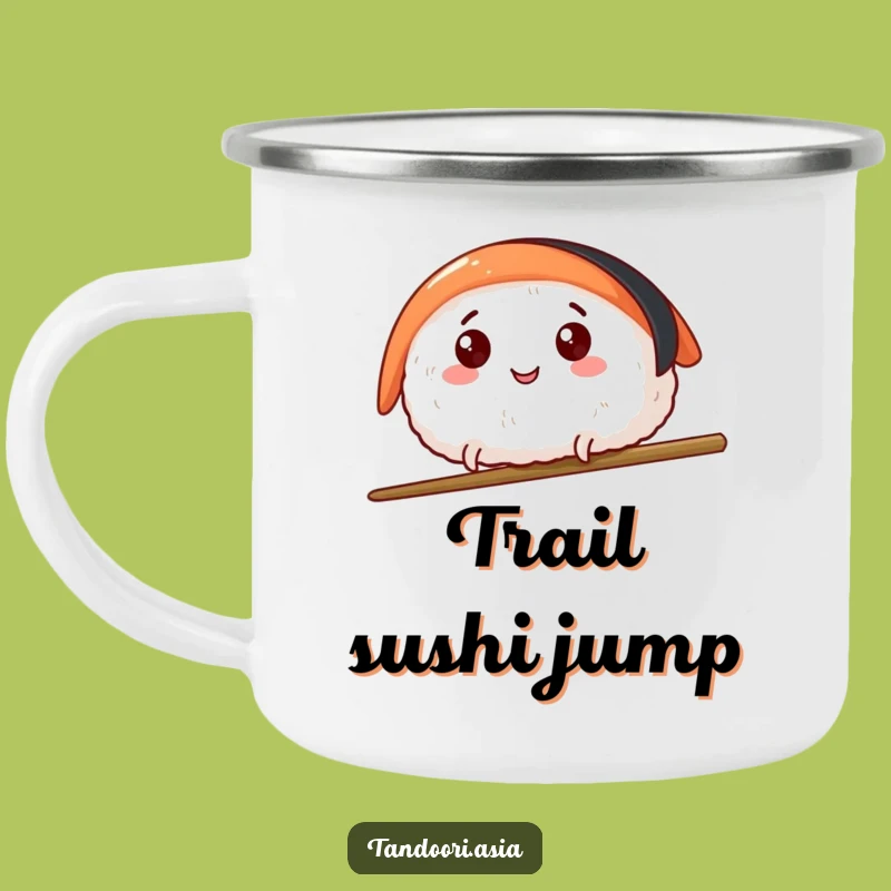 Funny Sushi Leap Camping Mug: Adventure with Happy Sushi Over Chopsticks