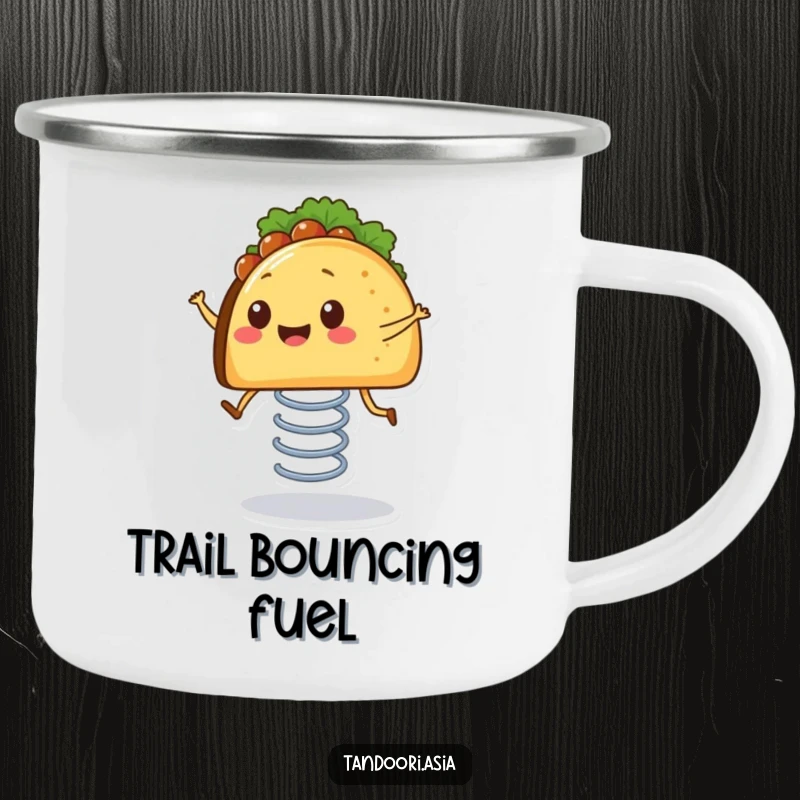 Funny Bouncing Taco Camping Mug with a smiling taco with tiny legs happily bouncing on a spring, durable and fun.