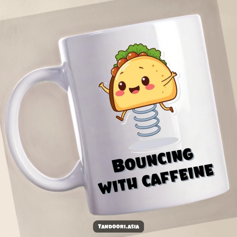 Funny Bouncing Taco Mug showing a smiling taco with tiny legs happily bouncing on a spring, brings pure joy.