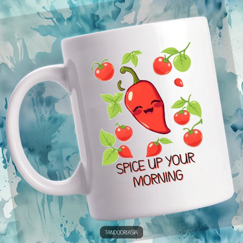 Funny Chili Pepper Mug featuring a bright red pepper with a cheeky grin playfully winking, perfect for spice lovers.