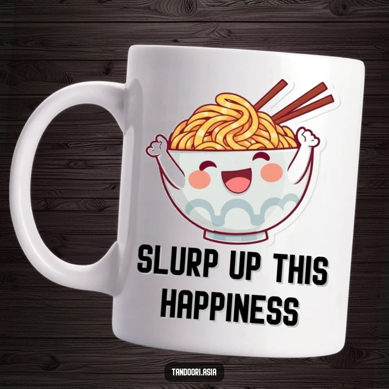 Funny Ramen Mug showing a cute, happy noodle character enthusiastically waving hello, perfect for a foodie gift.