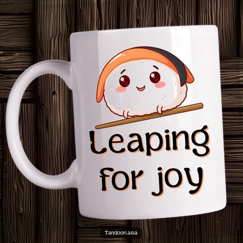 Funny Sushi Leap Mug showing a happy sushi piece with tiny legs leaping over a chopstick, full of delicious joy.