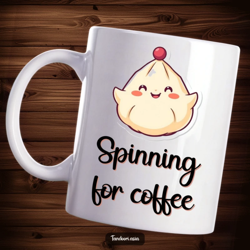 Funny Spinning Dumpling Mug showing a cheerful dumpling with a smiling face spinning around like a top, full of fun.