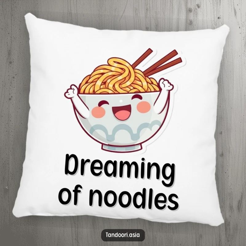 Funny Ramen Pillow with a cute, happy noodle character giving a big wave, adding a touch of humor to comfort.