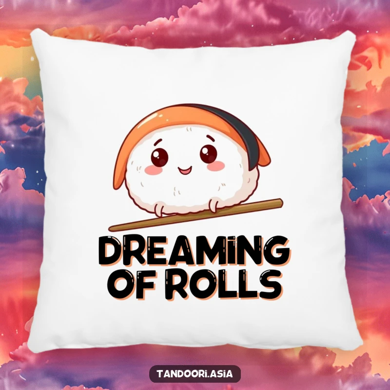 Funny Sushi Leap Pillow featuring a happy sushi piece with tiny legs leaping over a chopstick, soft and amusing.