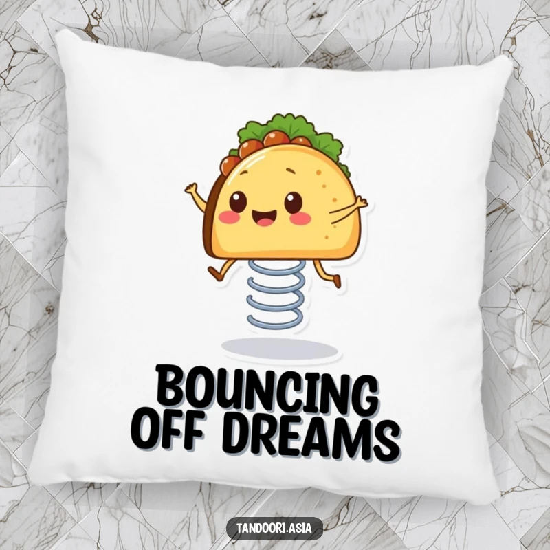 Funny Bouncing Taco Pillow featuring a smiling taco with tiny legs happily bouncing on a spring, soft and amusing.