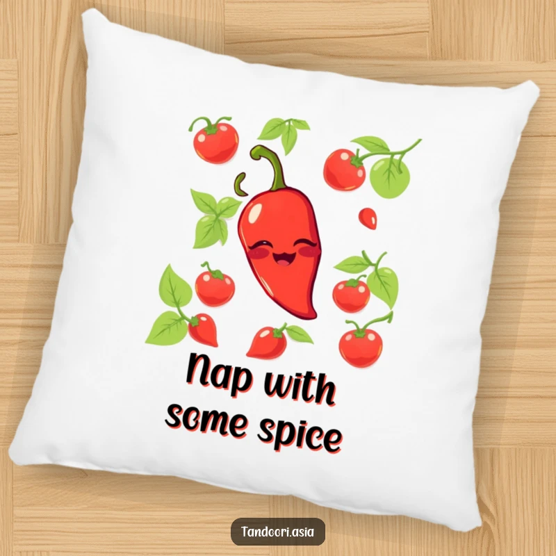 Funny Chili Pepper Pillow featuring a grinning red pepper playfully winking, bringing spicy humor to comfort.