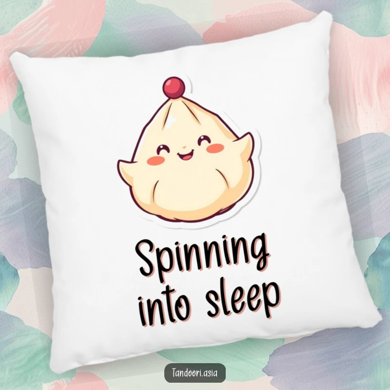 Funny Spinning Dumpling Pillow featuring a cheerful dumpling with a smiling face spinning around like a top, soft and amusing.