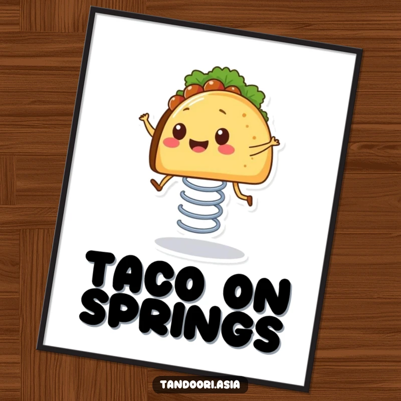 Funny Bouncing Taco Digital Art Print showing a smiling taco with tiny legs happily bouncing on a spring, for instant cheer.