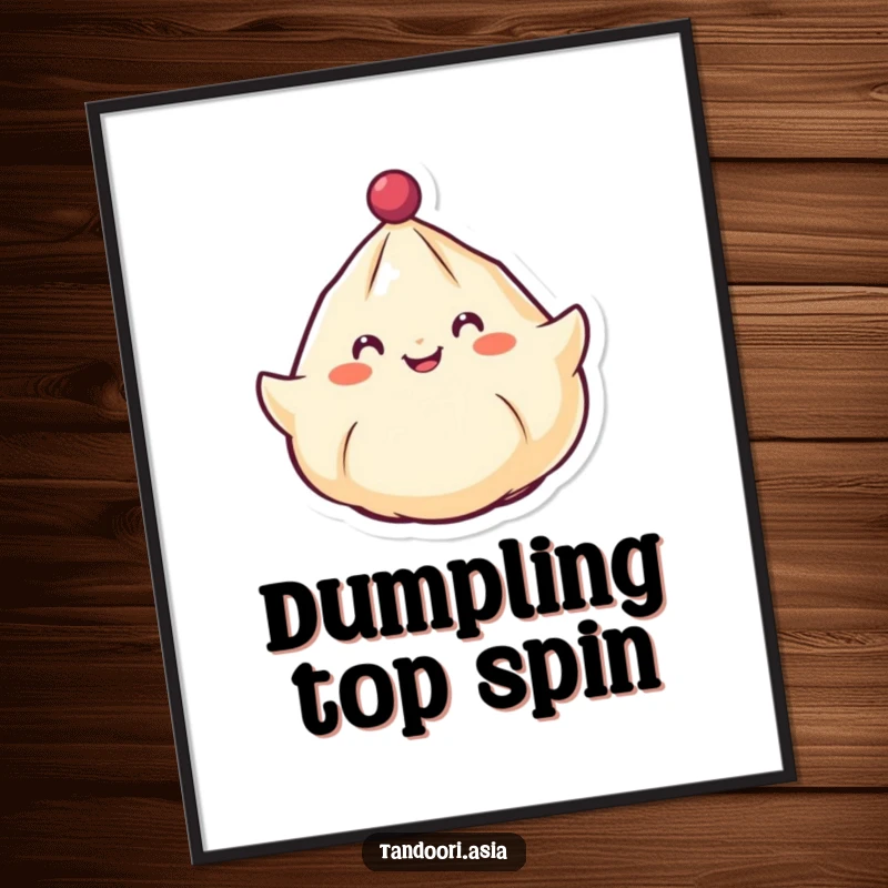 Funny Spinning Dumpling Digital Art Print showing a cheerful dumpling with a smiling face spinning around like a top, for instant cheer.