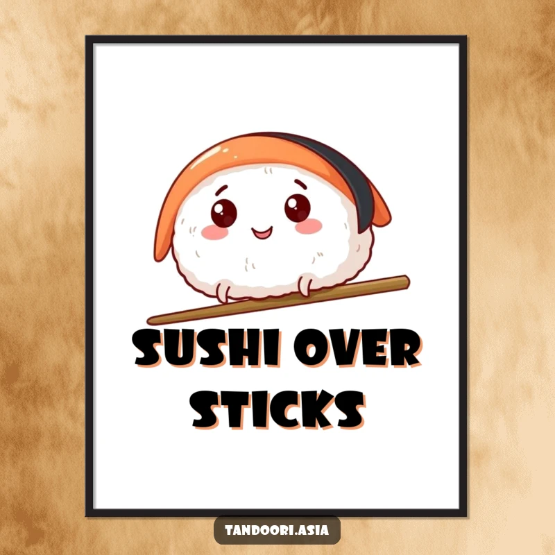 Funny Sushi Leap Digital Art Print showing a happy sushi piece with tiny legs leaping over a chopstick, for instant cheer.