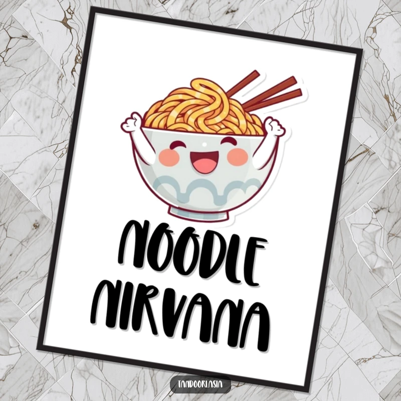 Funny Ramen Digital Art Print of a cute, smiling noodle character waving enthusiastically, perfect for humorous wall decor.