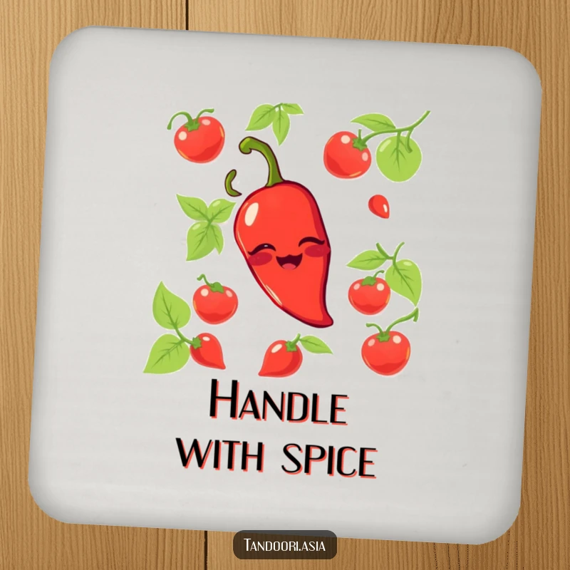 Funny Chili Pepper Coaster featuring a grinning red pepper playfully winking, a humorous and practical item for any table.