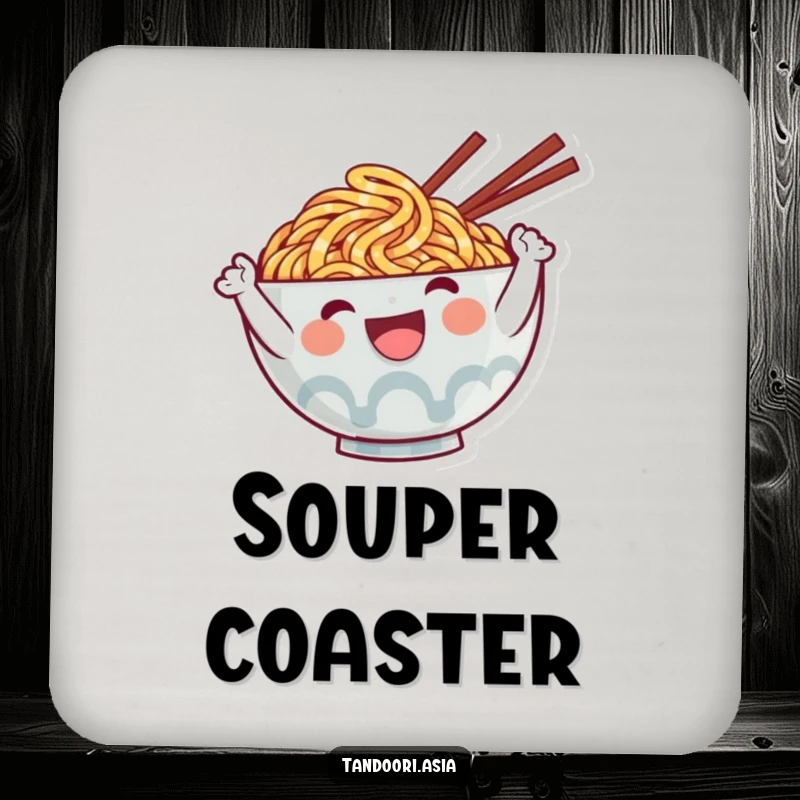Funny Ramen Coaster featuring a cute, happy noodle character waving, a humorous and practical item for any table.