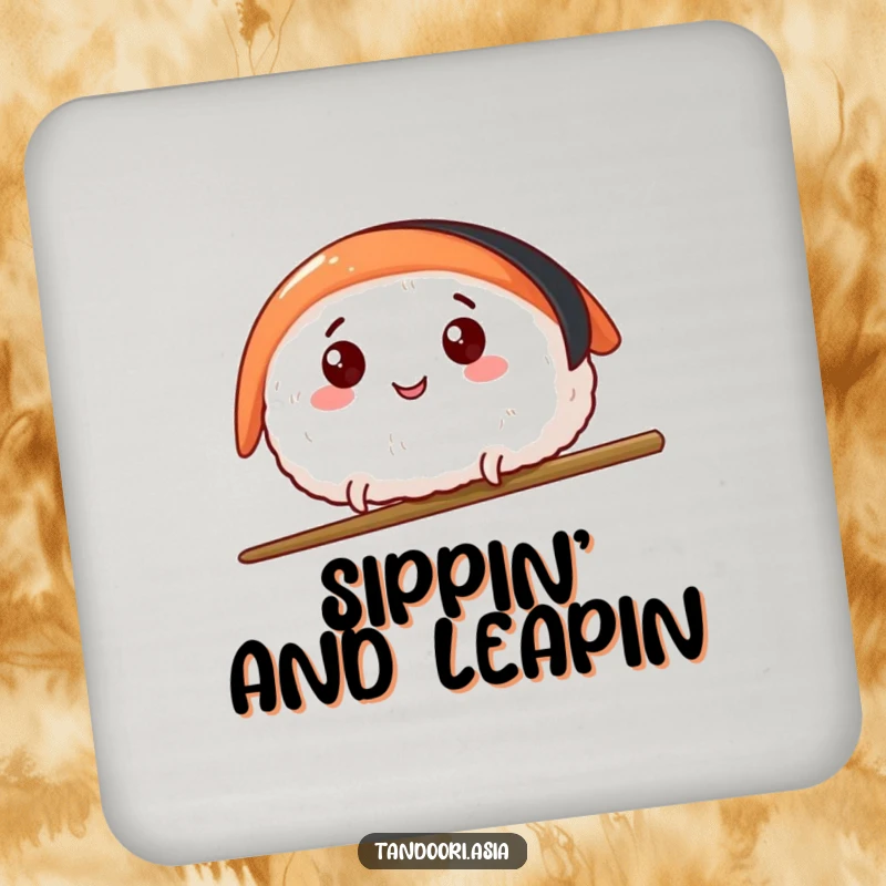 Funny Sushi Leap Drink Coasters featuring a happy sushi piece with tiny legs leaping over a chopstick, protecting surfaces.
