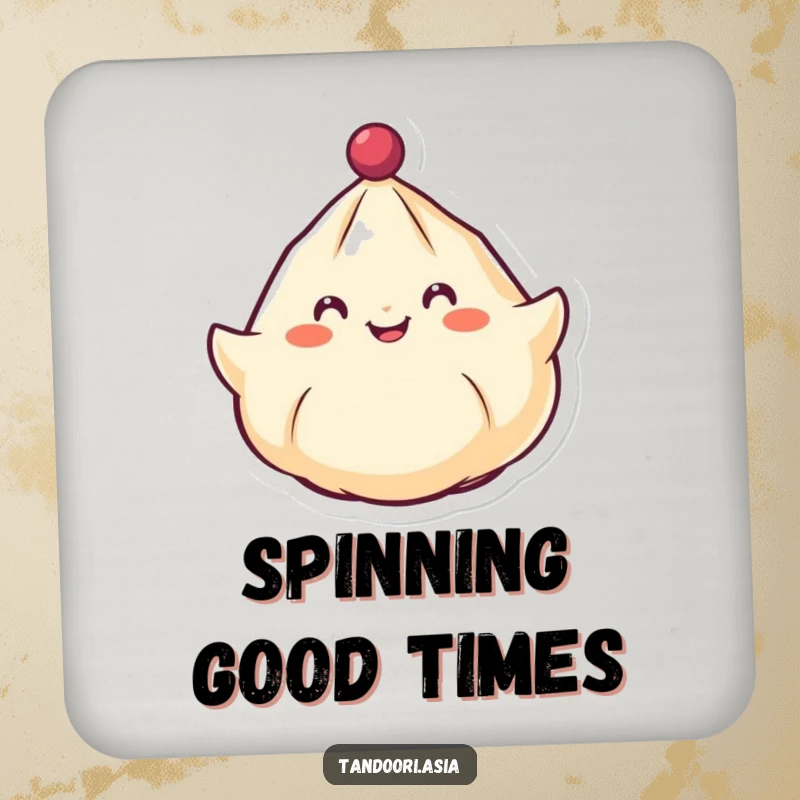 Funny Spinning Dumpling Drink Coasters featuring a cheerful dumpling with a smiling face spinning around like a top, protecting surfaces.