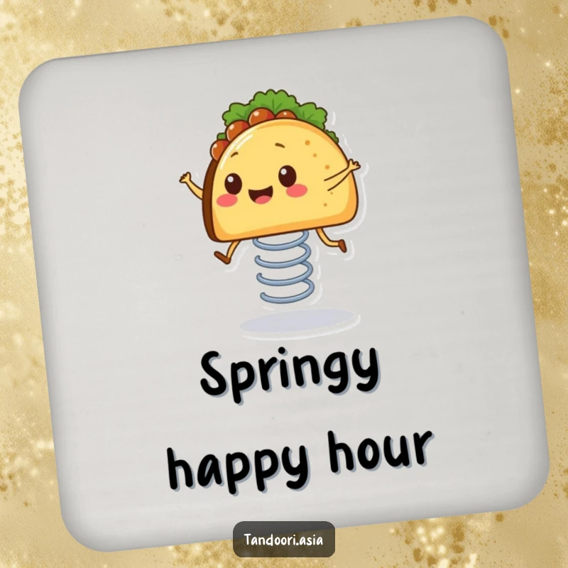 Funny Bouncing Taco Drink Coasters featuring a smiling taco with tiny legs happily bouncing on a spring, protecting surfaces.