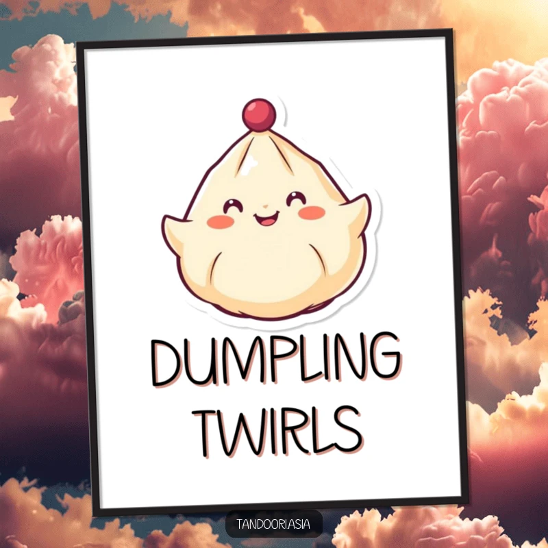 Funny Spinning Dumpling Poster showcasing a cheerful dumpling with a smiling face spinning around like a top, vibrant and fun.