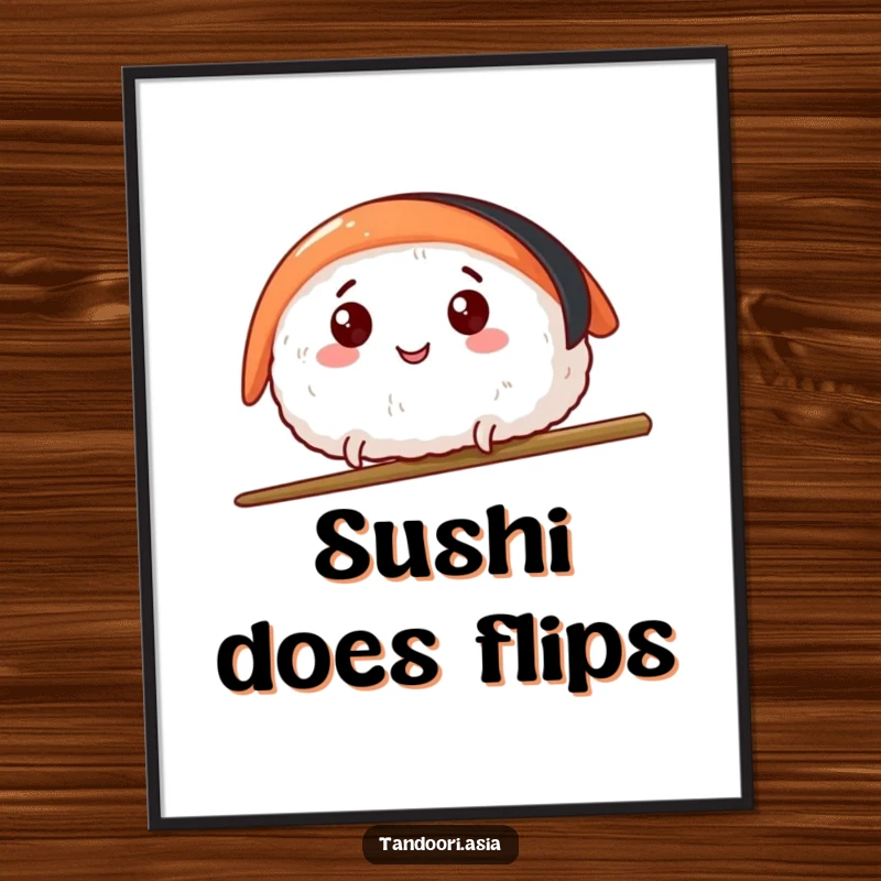 Funny Sushi Leap Poster showcasing a happy sushi piece with tiny legs leaping over a chopstick, vibrant and cheerful.