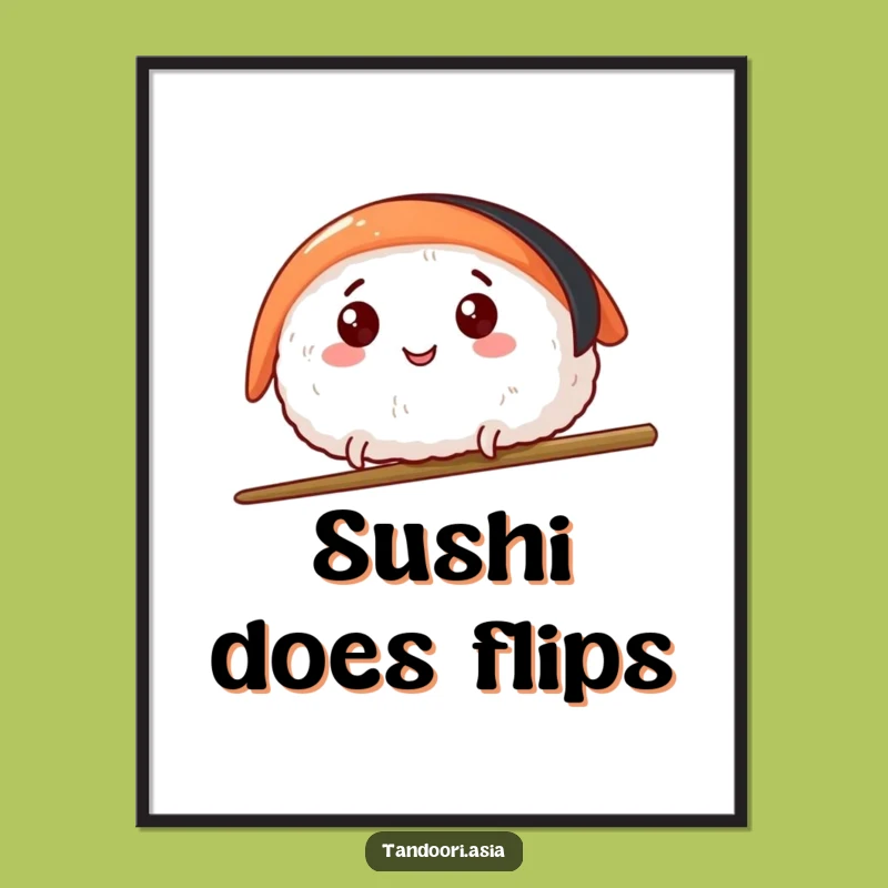 Funny Sushi Leap Poster: Hilarious Wall Art of Happy Sushi Over Chopsticks