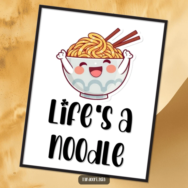 Funny Ramen Poster featuring a cute, smiling noodle character waving enthusiastically, perfect for adding humor to decor.