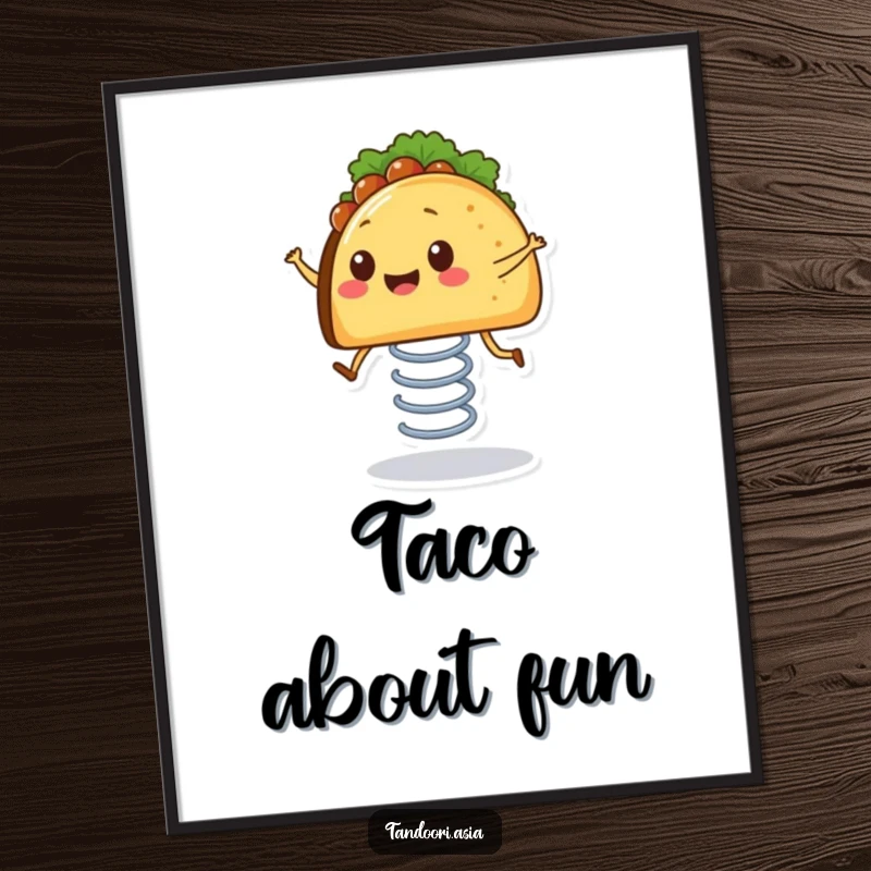 Funny Bouncing Taco Poster showcasing a smiling taco with tiny legs happily bouncing on a spring, vibrant and cheerful.