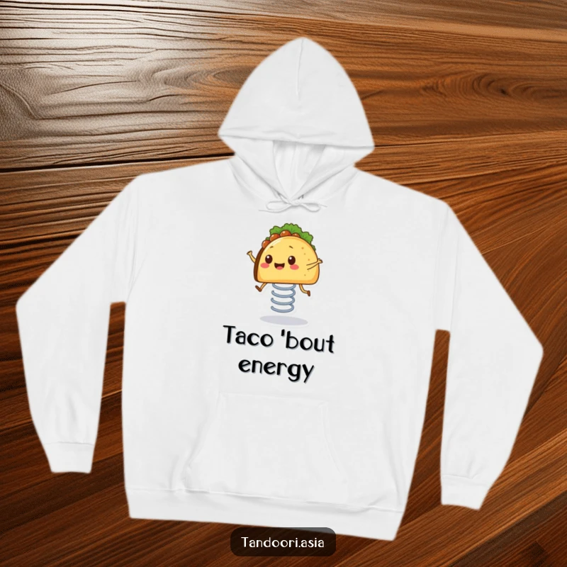 Funny Bouncing Taco Hoodie showing a smiling taco with tiny legs happily bouncing on a spring, perfect for cozy laughs.