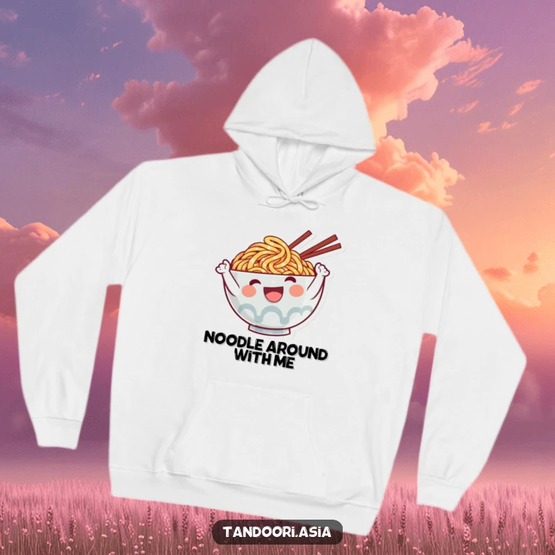 Funny Ramen Hoodie depicting a beaming, cute noodle character waving with excitement, ideal for cozy, humorous wear.