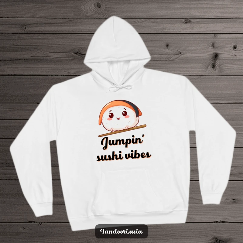 Funny Sushi Leap Hoodie showing a happy sushi piece with tiny legs leaping over a chopstick, perfect for cozy smiles.