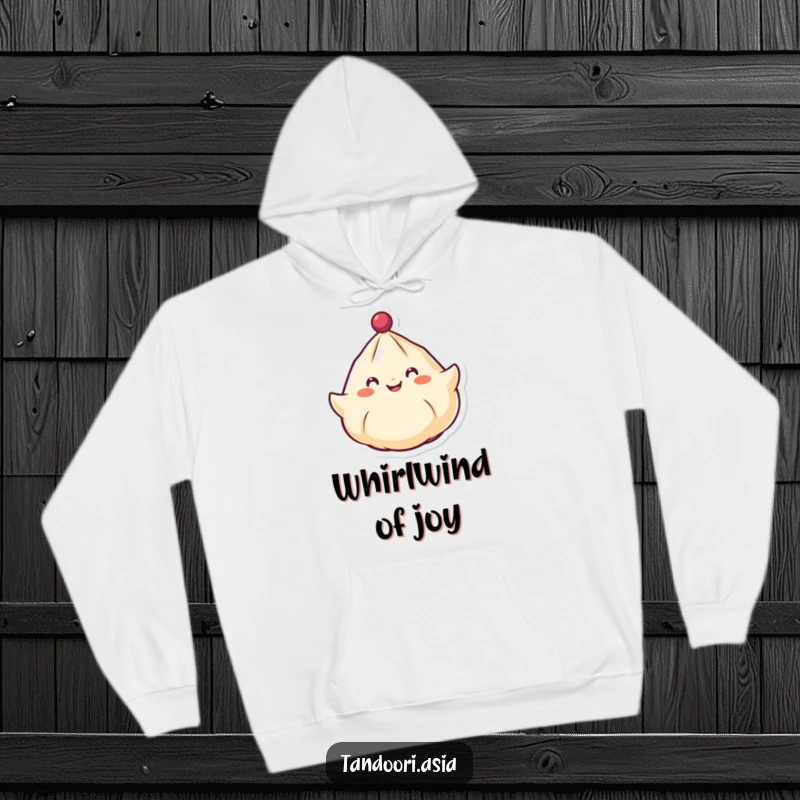 Funny Spinning Dumpling Hoodie showing a cheerful dumpling with a smiling face spinning around like a top, perfect for cozy fun.