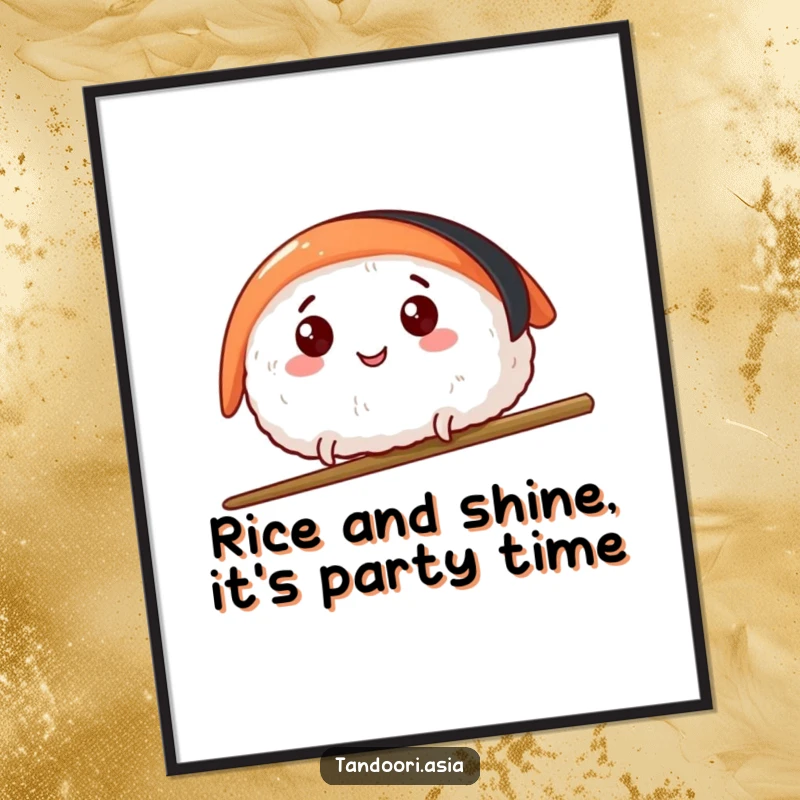 Funny Free Printable Wall Art featuring a sushi piece with happy eyes and tiny legs leaping over a chopstick, bringing playful humor.