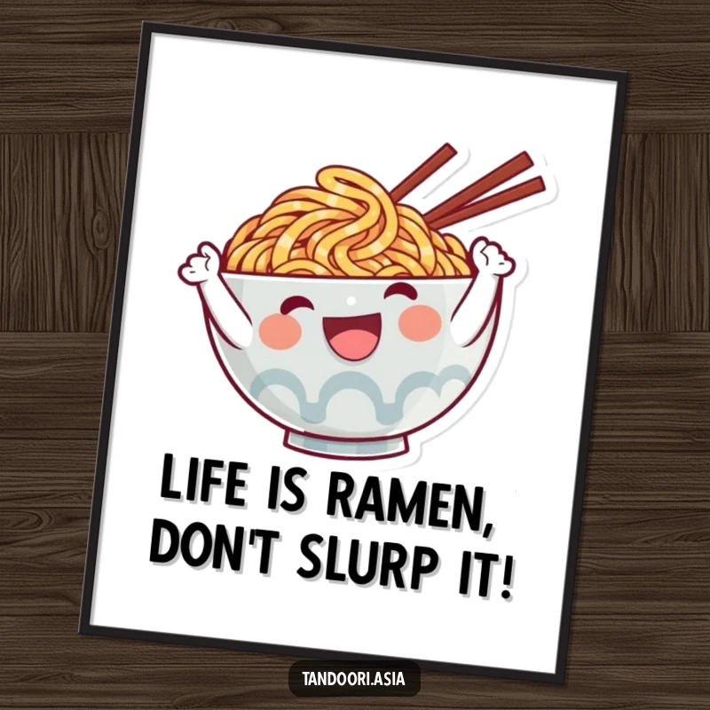 Funny Free Printable Ramen Wall Art: Adorable ramen character beaming with happiness and waving enthusiastically.
