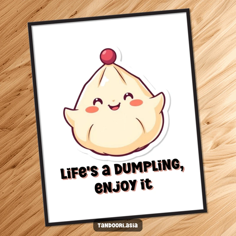 Funny Free Printable Wall Art featuring a cheerful dumpling with a smiling face spinning around like a top, adding playful humor to any room.