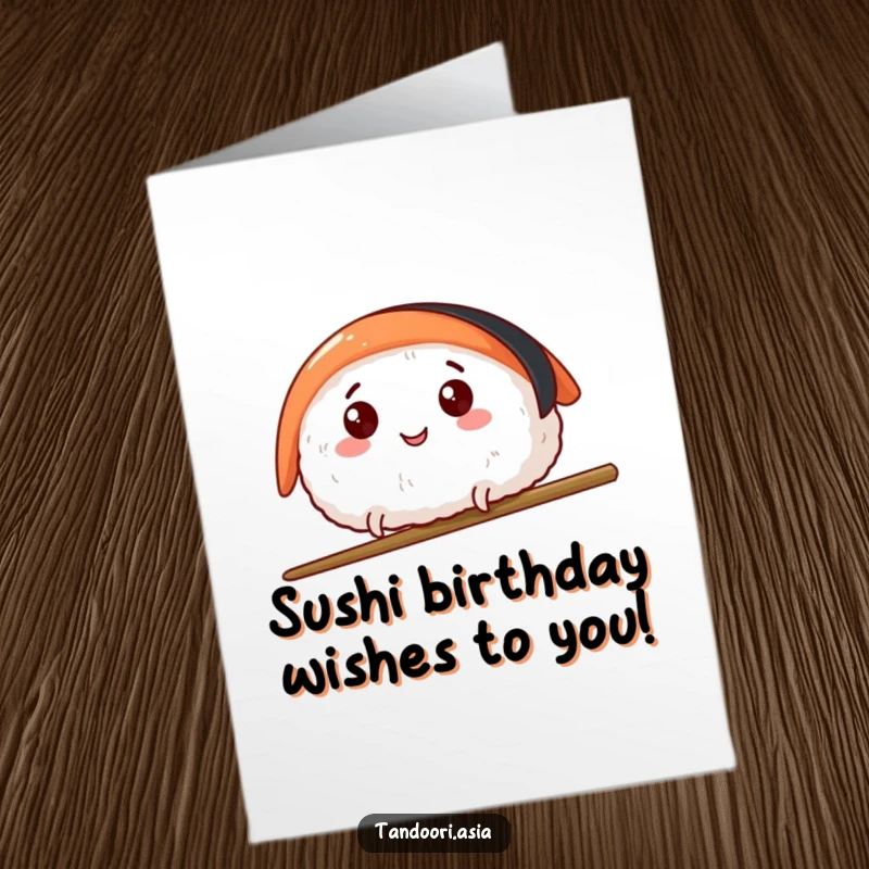 Funny Free Printable Birthday Card featuring a happy sushi piece with tiny legs leaping over a chopstick, ready for a birthday bash.