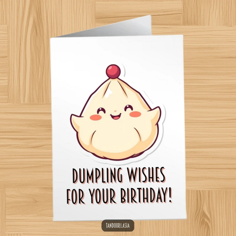 Funny Free Printable Birthday Card featuring a cheerful dumpling with a smiling face spinning around like a top, ready for fun.