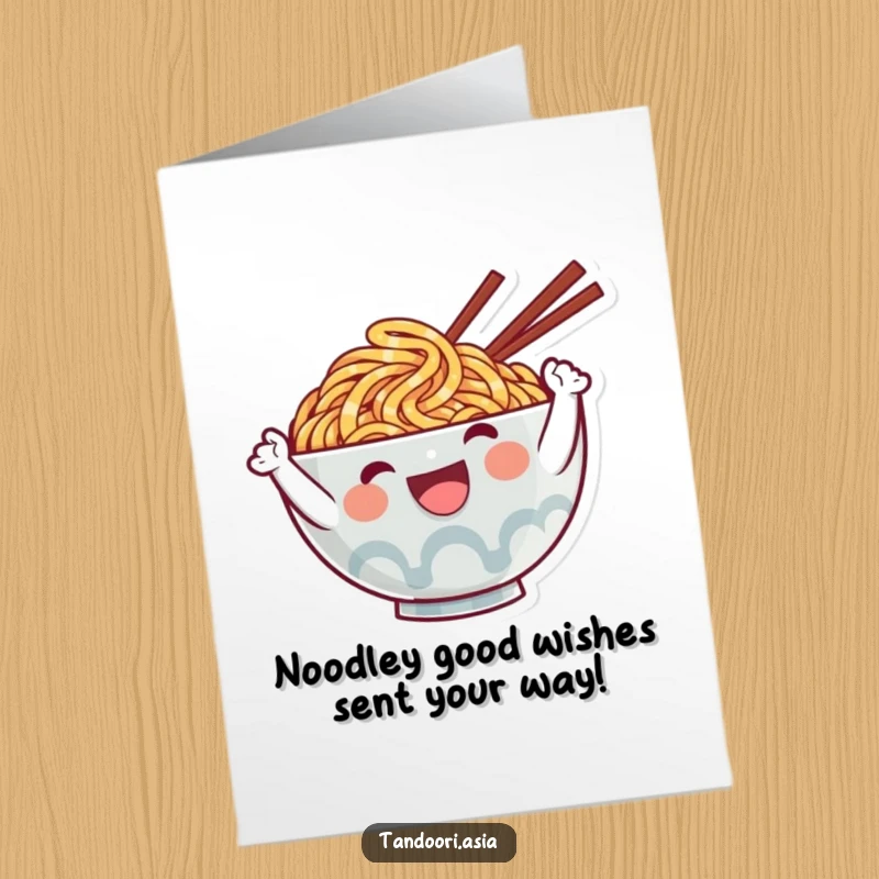 Funny Free Printable Ramen Birthday Card: Cute noodle character waving hello with a big happy smile.