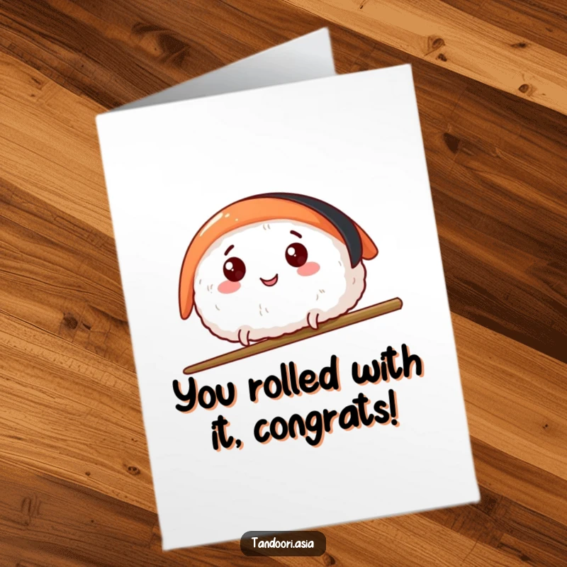 Funny Free Printable Congratulations Card showing a happy sushi piece with tiny legs leaping over a chopstick, celebrating success humorously.