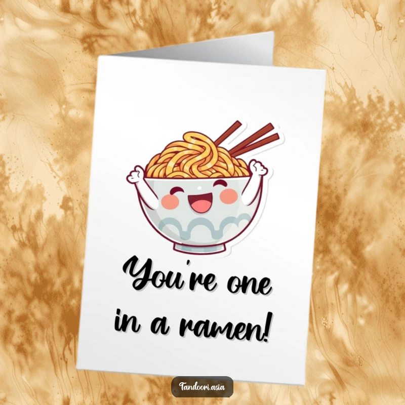 Funny Free Printable Ramen Congratulations Card: Cheerful ramen waving excitedly, celebrating a job well done.