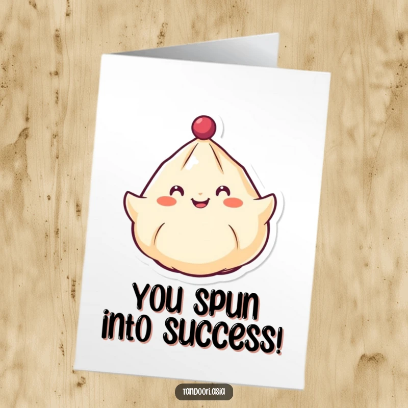 Funny Free Printable Congratulations Card showing a cheerful dumpling spinning like a top, conveying humorous congratulations with every turn.