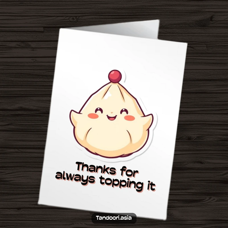Funny Free Printable Thank You Card with a cheerful dumpling and smiling face spinning around like a top, perfect for a humorous thank you.