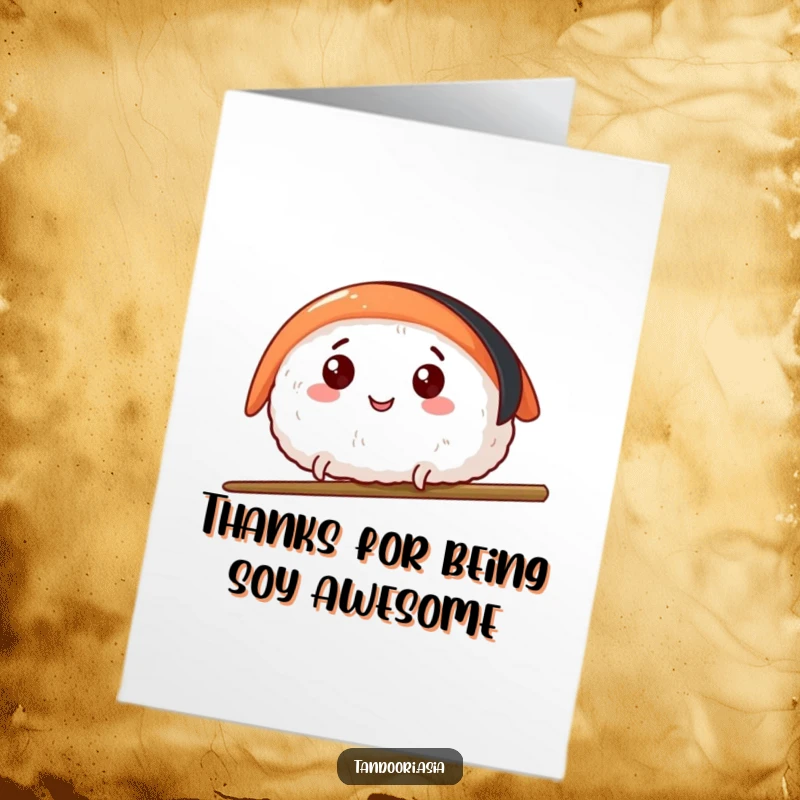 Funny Free Printable Thank You Card with a happy sushi piece and tiny legs leaping over a chopstick, perfect for a humorous thank you.