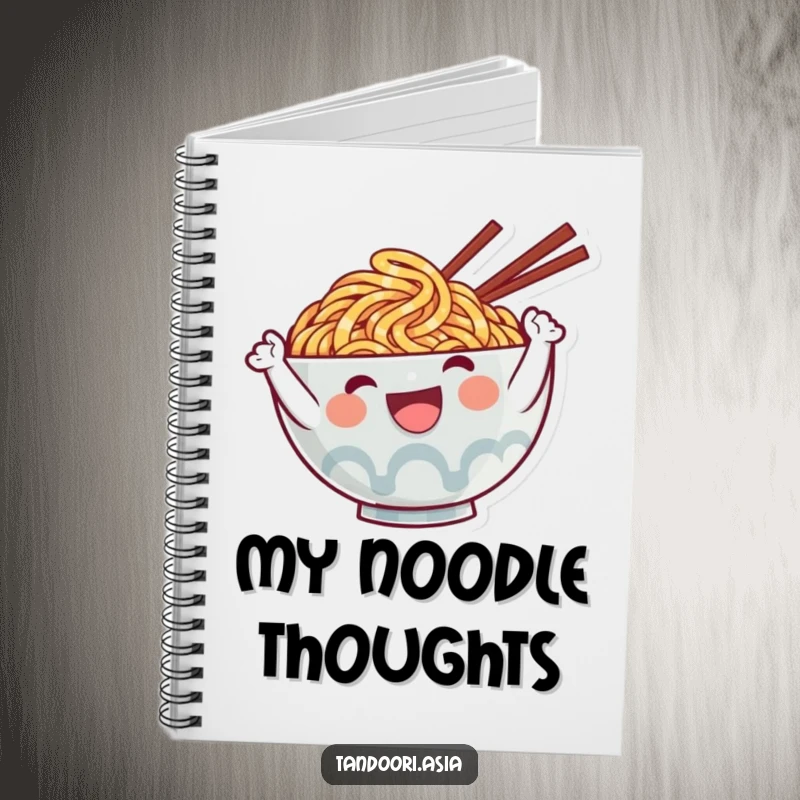 Funny Ramen Notebook featuring a cute, happy noodle character waving, ideal for jotting notes with a smile.